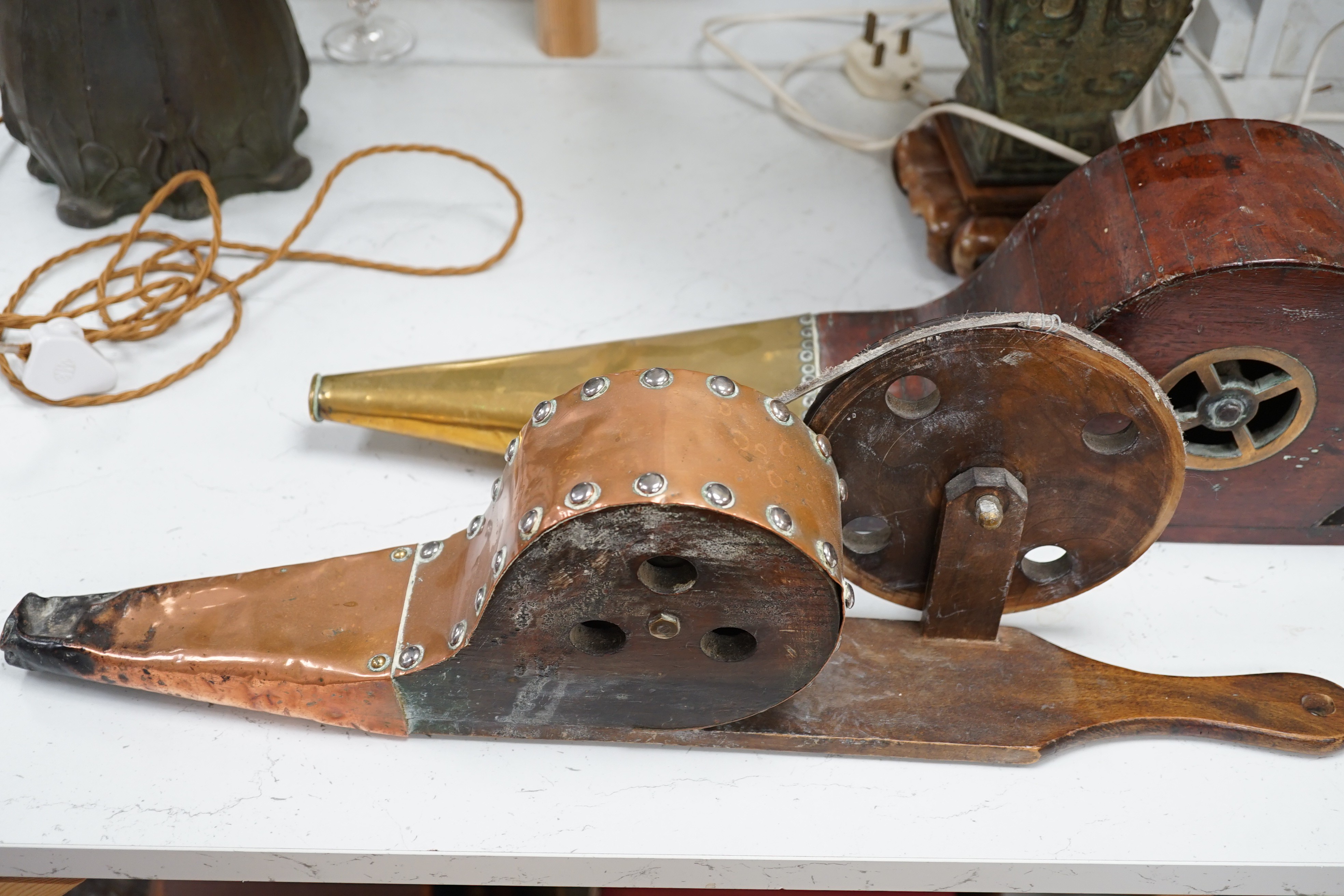 Two 19th century brass mechanical wheel bellows, length 70cm